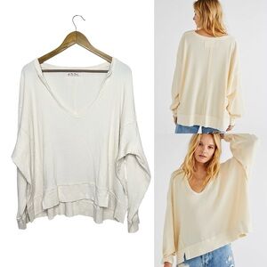 We The Free Ecru Cream V-Neck Waffle Knit Thermal Top Long Sleeve S Oversized